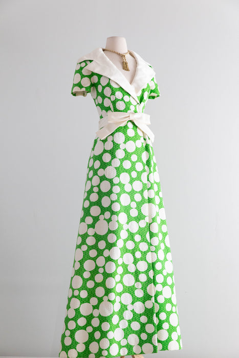 Fabulous 1960's Malcolm Starr By Rizkallah Green & White Polka Dot Maxi Dress / M