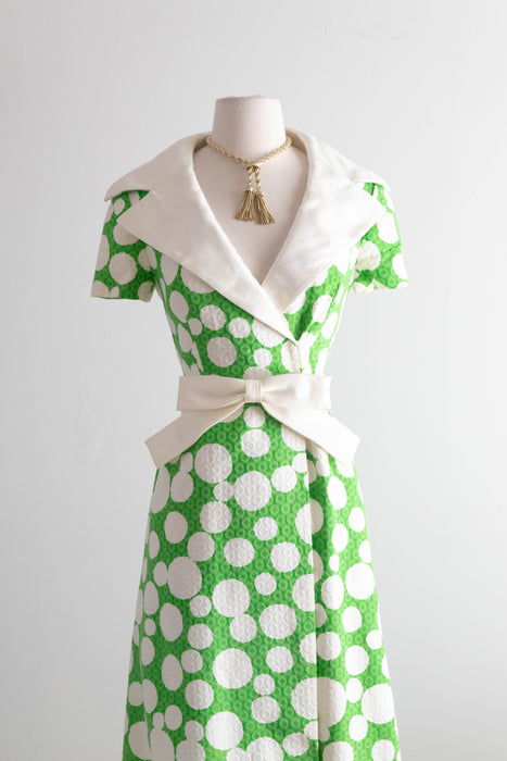 Fabulous 1960's Malcolm Starr By Rizkallah Green & White Polka Dot Maxi Dress / M