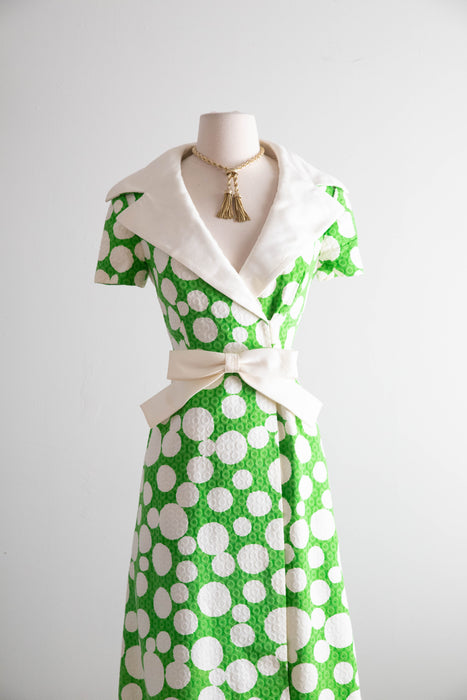 Fabulous 1960's Malcolm Starr By Rizkallah Green & White Polka Dot Maxi Dress / M