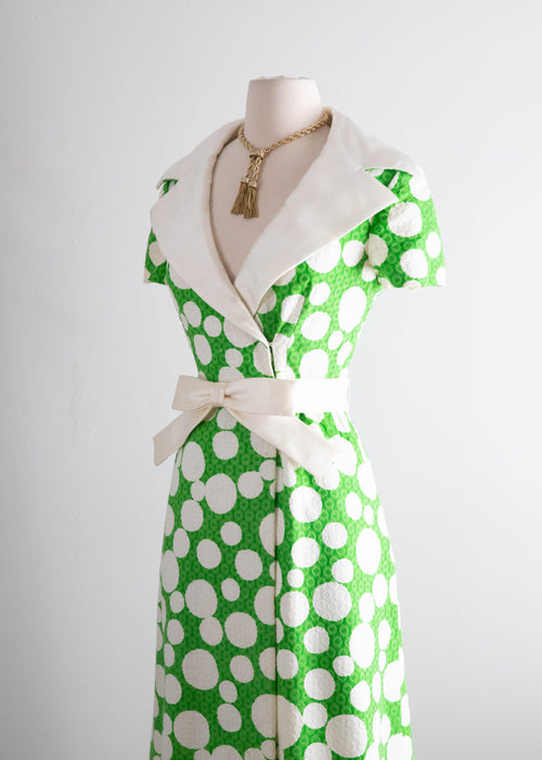 Fabulous 1960's Malcolm Starr By Rizkallah Green & White Polka Dot Maxi Dress / M