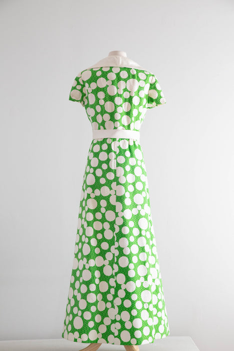 Fabulous 1960's Malcolm Starr By Rizkallah Green & White Polka Dot Maxi Dress / M