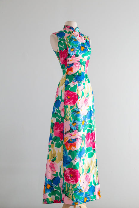 Glamorous 1960's Garden Print Cheongsam Maxi Dress By Dynasty / M