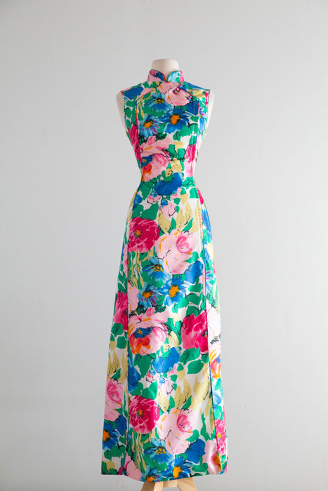Glamorous 1960's Garden Print Cheongsam Maxi Dress By Dynasty / M