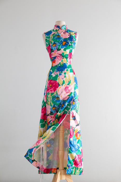 Glamorous 1960's Garden Print Cheongsam Maxi Dress By Dynasty / M