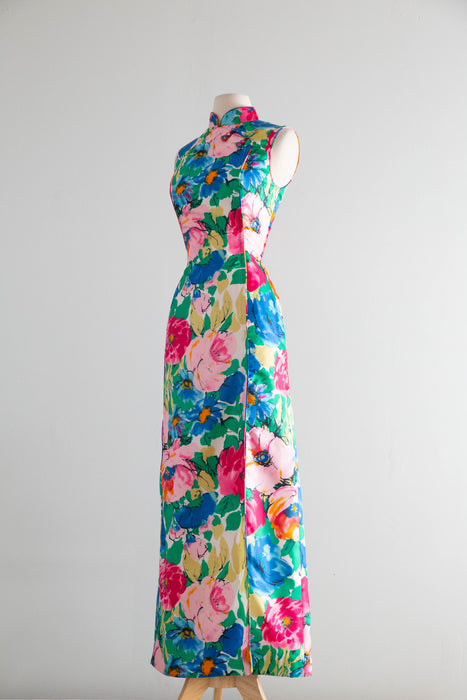 Glamorous 1960's Garden Print Cheongsam Maxi Dress By Dynasty / M