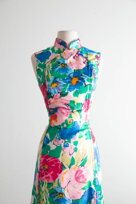 Glamorous 1960's Garden Print Cheongsam Maxi Dress By Dynasty / M