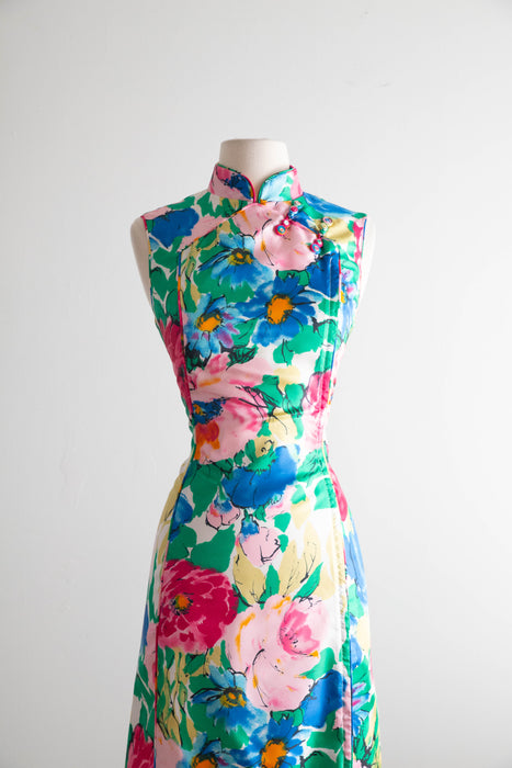 Glamorous 1960's Garden Print Cheongsam Maxi Dress By Dynasty / M