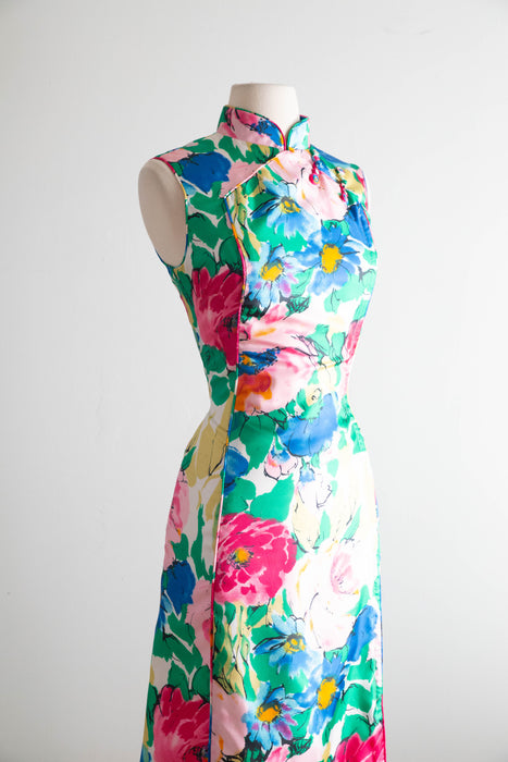 Glamorous 1960's Garden Print Cheongsam Maxi Dress By Dynasty / M
