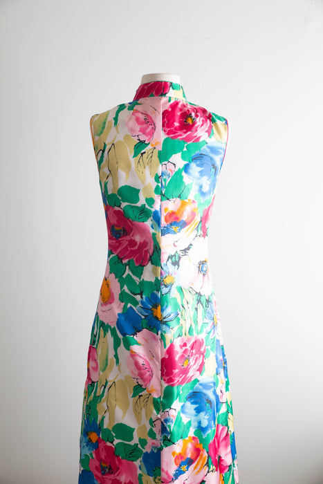 Glamorous 1960's Garden Print Cheongsam Maxi Dress By Dynasty / M