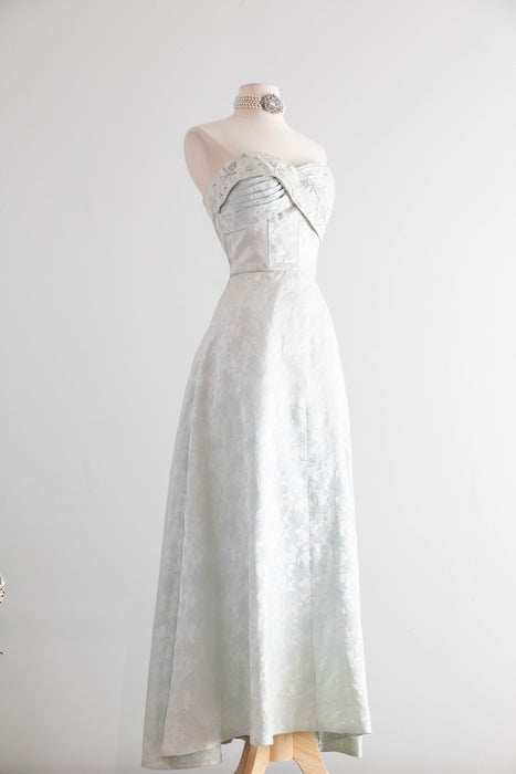 Exquisite 1950's Mirror Blue Brocade Formal Evening Gown By Robert Martin New York / S