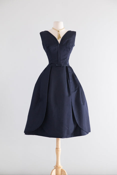 Exquisite 1950's Harvey Berin Demi Couture Navy Silk Cocktail Dress With Original Tags / M