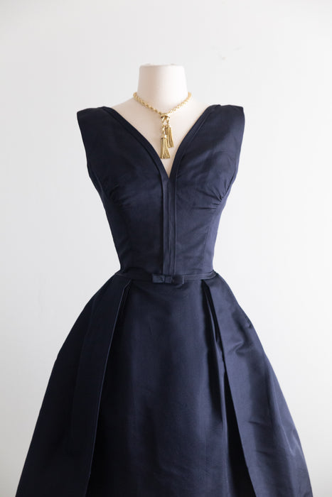 Exquisite 1950's Harvey Berin Demi Couture Navy Silk Cocktail Dress With Original Tags / M