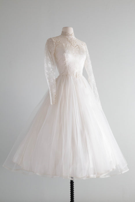 Classic 1950's Tea Length Lace Wedding Dress / Small