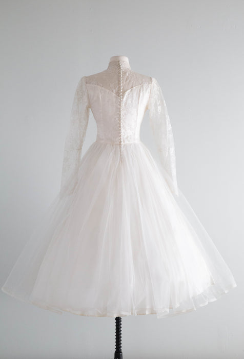 Classic 1950's Tea Length Lace Wedding Dress / Small