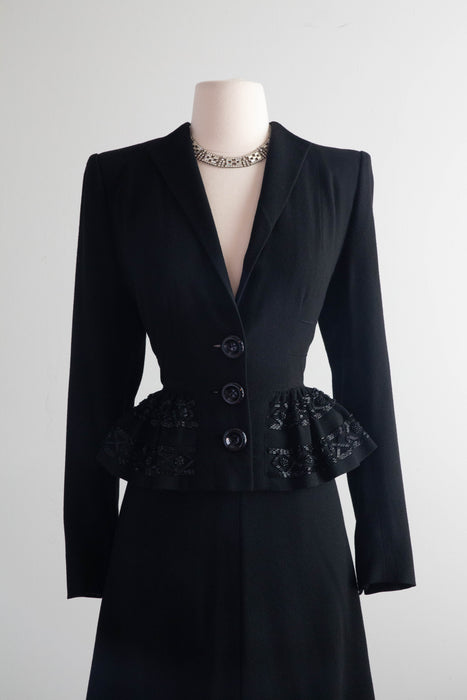 Femme Fatale 1940's Black Crepe Evening Suit With Beaded Peplum / Small