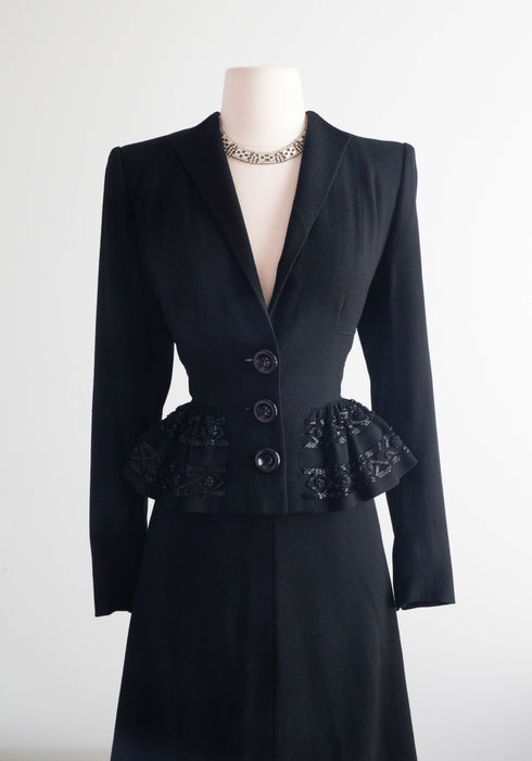 Femme Fatale 1940's Black Crepe Evening Suit With Beaded Peplum / Small