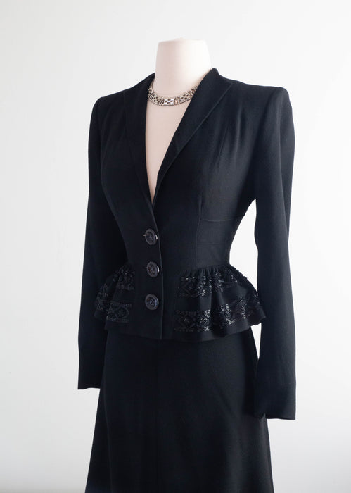 Femme Fatale 1940's Black Crepe Evening Suit With Beaded Peplum / Small