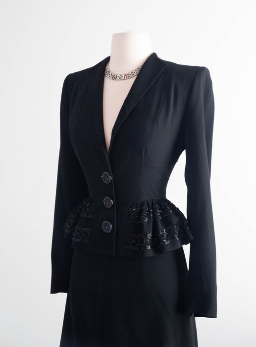 Femme Fatale 1940's Black Crepe Evening Suit With Beaded Peplum / Small