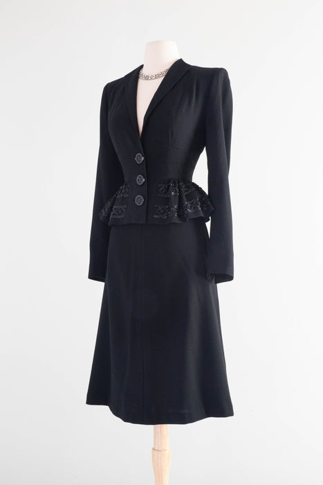 Femme Fatale 1940's Black Crepe Evening Suit With Beaded Peplum / Small