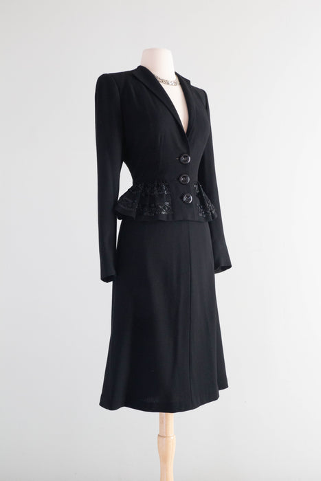 Femme Fatale 1940's Black Crepe Evening Suit With Beaded Peplum / Small