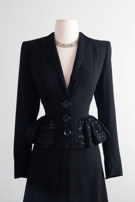 Femme Fatale 1940's Black Crepe Evening Suit With Beaded Peplum / Small