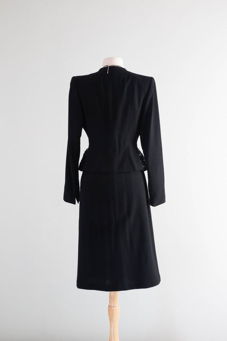 Femme Fatale 1940's Black Crepe Evening Suit With Beaded Peplum / Small