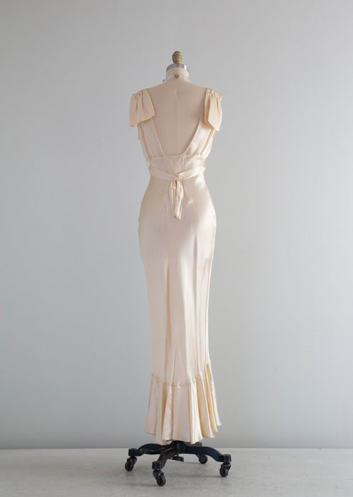 Sublime 1930's Gleaming Ivory Silk Satin Crepe Bias Cut Wedding Gown / XS