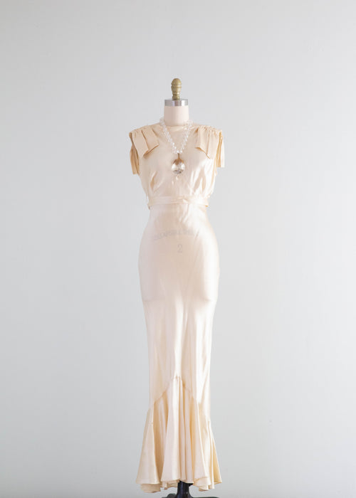 Sublime 1930's Gleaming Ivory Silk Satin Crepe Bias Cut Wedding Gown / XS