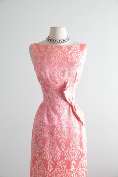 Iconic Early 1960's Pink & Ivory Brocade Evening Dress With Bow / SM