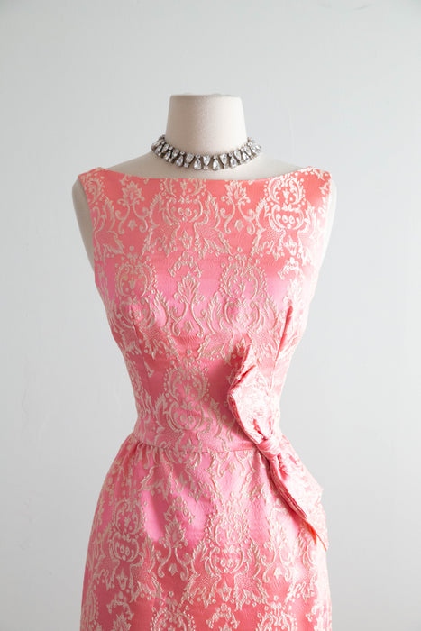Iconic Early 1960's Pink & Ivory Brocade Evening Dress With Bow / SM