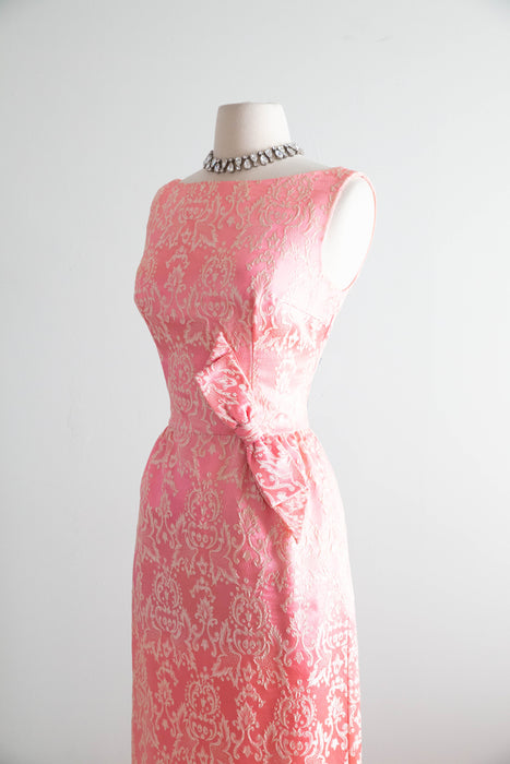 Iconic Early 1960's Pink & Ivory Brocade Evening Dress With Bow / SM