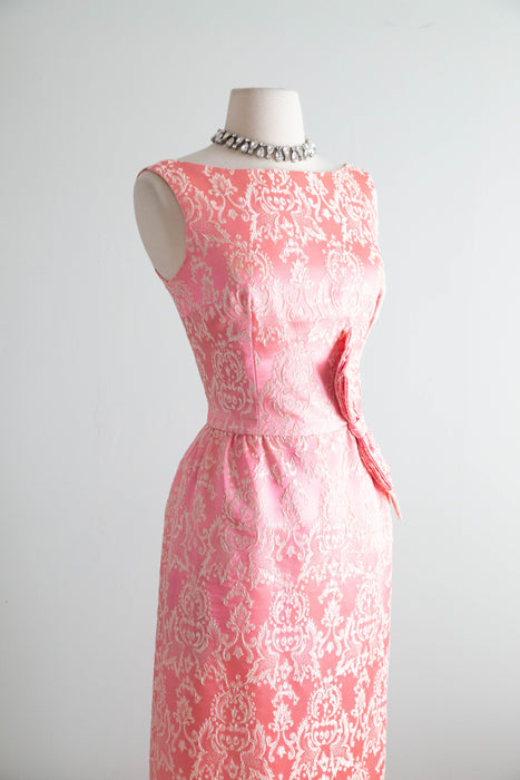 Iconic Early 1960's Pink & Ivory Brocade Evening Dress With Bow / SM