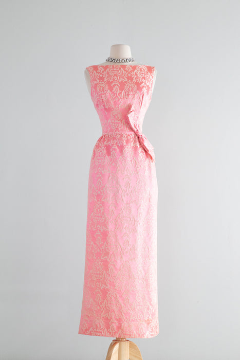 Iconic Early 1960's Pink & Ivory Brocade Evening Dress With Bow / SM