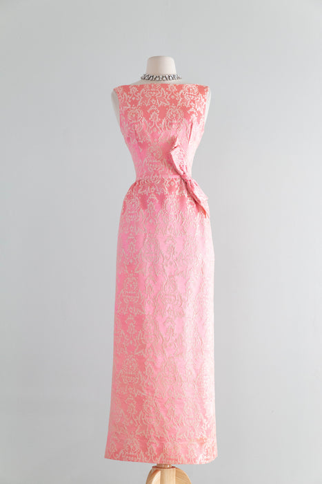 Iconic Early 1960's Pink & Ivory Brocade Evening Dress With Bow / SM