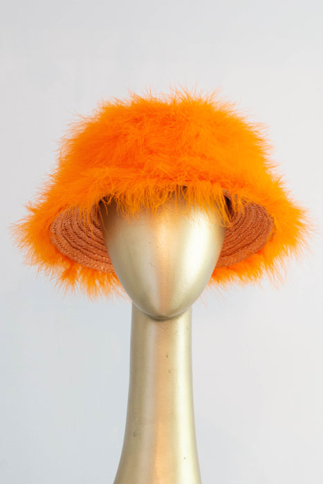 Iconic 1960's Orange Marabou & Straw Hat By "Happy Cappers"