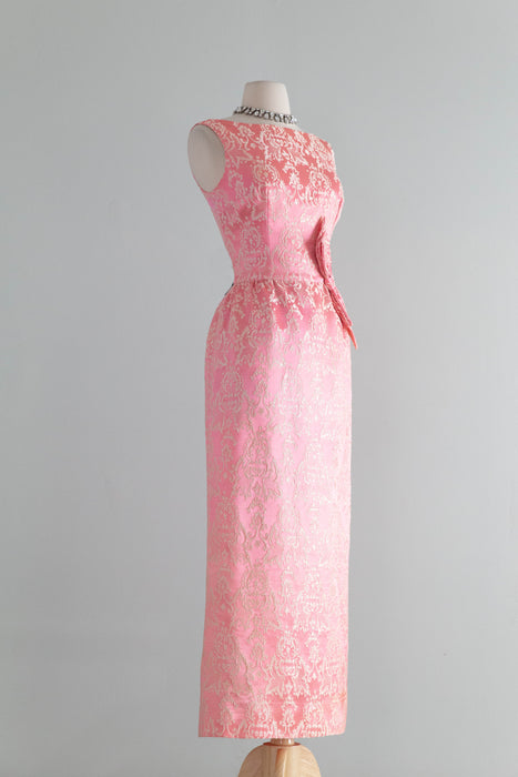 Iconic Early 1960's Pink & Ivory Brocade Evening Dress With Bow / SM