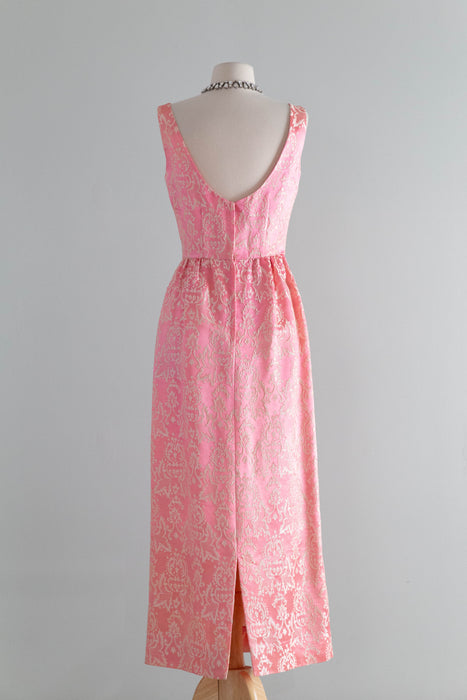 Iconic Early 1960's Pink & Ivory Brocade Evening Dress With Bow / SM