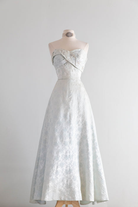 Exquisite 1950's Mirror Blue Brocade Formal Evening Gown By Robert Martin New York / S