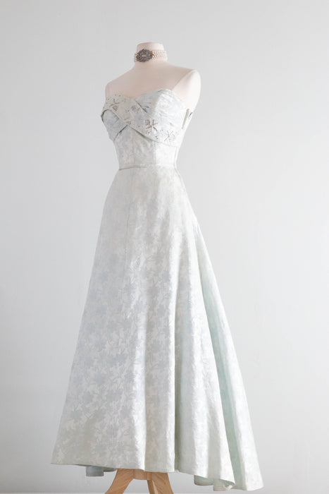 Exquisite 1950's Mirror Blue Brocade Formal Evening Gown By Robert Martin New York / S