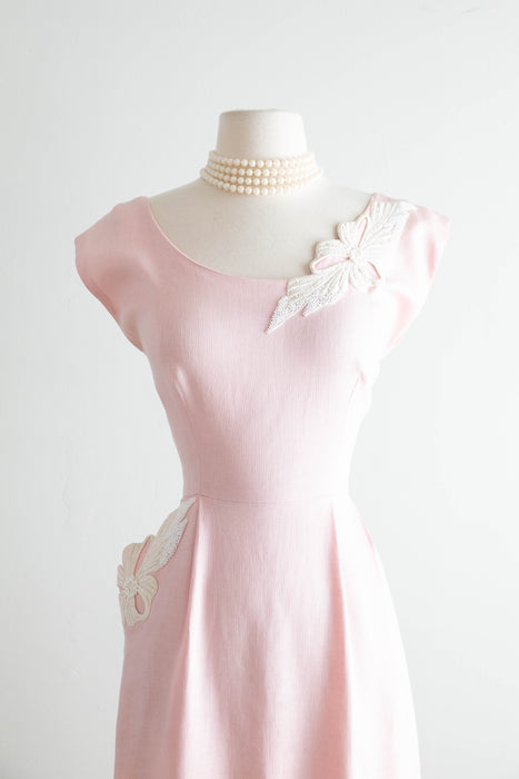 Lovely 1950's Palest Pink Linen Cocktail Dress With Beaded Pocket & Applique / M