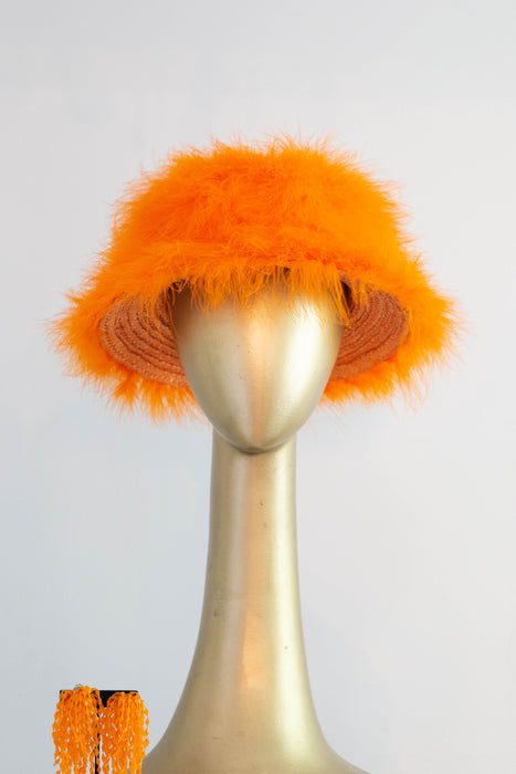 Iconic 1960's Orange Marabou & Straw Hat By "Happy Cappers"