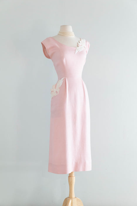 Lovely 1950's Palest Pink Linen Cocktail Dress With Beaded Pocket & Applique / M