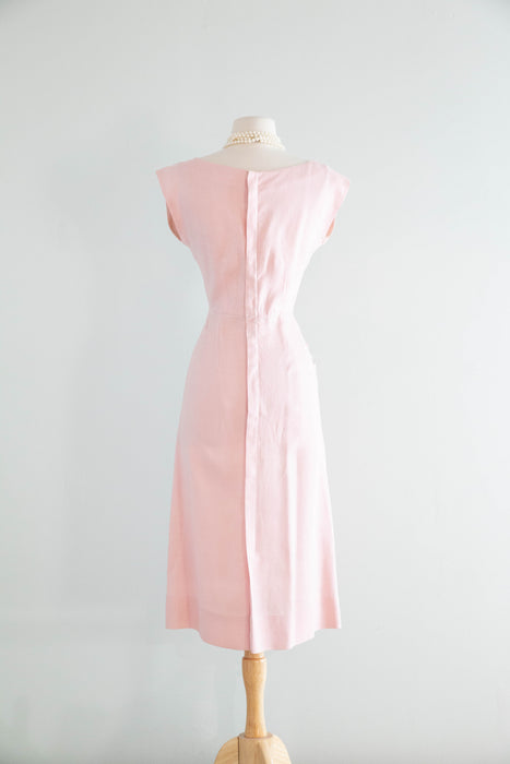 Lovely 1950's Palest Pink Linen Cocktail Dress With Beaded Pocket & Applique / M