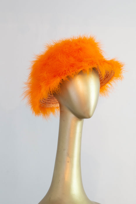 Iconic 1960's Orange Marabou & Straw Hat By "Happy Cappers"