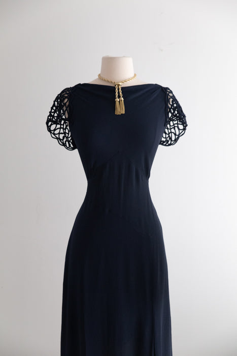 Rare 1930's NRA Labeled Navy Crepe Dress With Soutache Sleeves / M