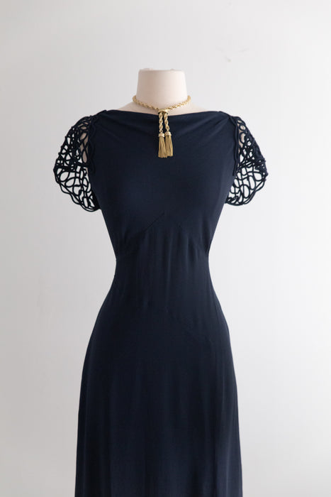 Rare 1930's NRA Labeled Navy Crepe Dress With Soutache Sleeves / M