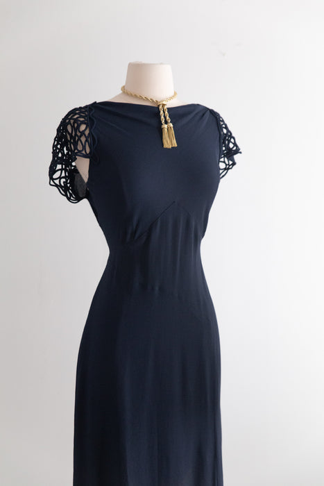 Rare 1930's NRA Labeled Navy Crepe Dress With Soutache Sleeves / M