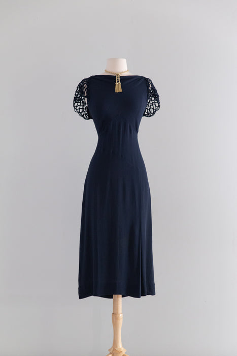 Rare 1930's NRA Labeled Navy Crepe Dress With Soutache Sleeves / M