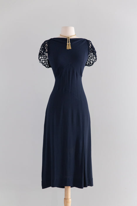 Rare 1930's NRA Labeled Navy Crepe Dress With Soutache Sleeves / M