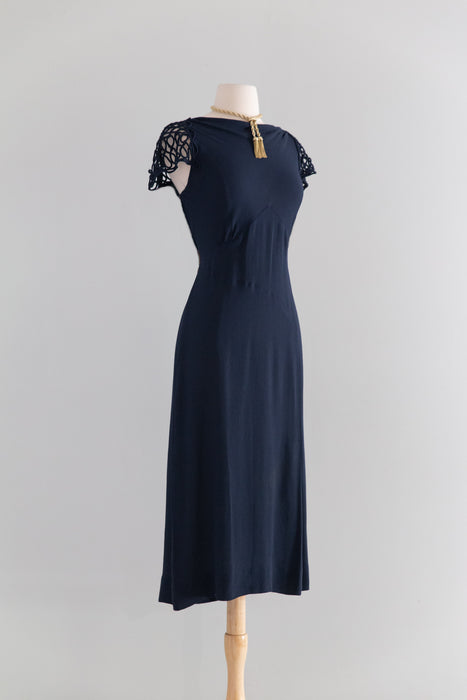 Rare 1930's NRA Labeled Navy Crepe Dress With Soutache Sleeves / M
